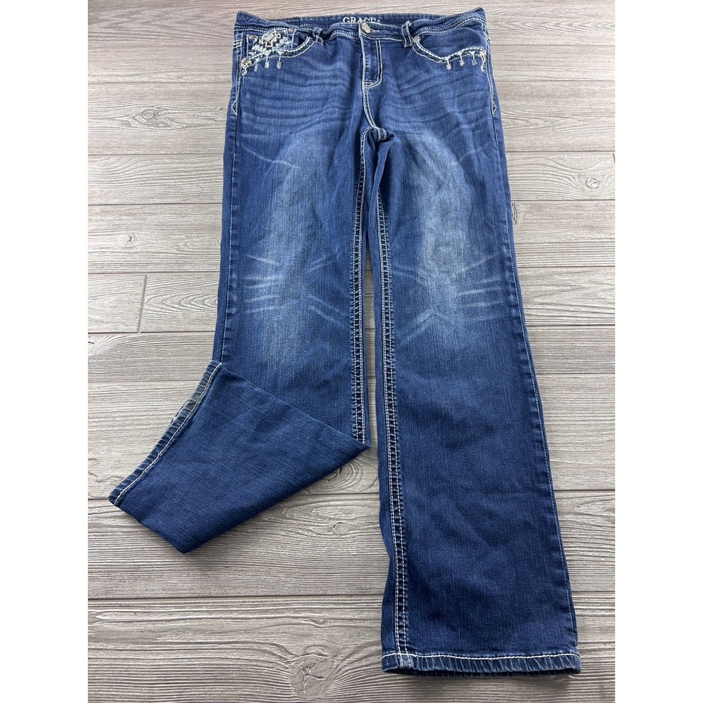 Grace in LA Womens Bootcut Jeans Size 17 Blue Embroidered Sequin Embellished Y2K